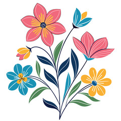 Pink, blue, and yellow stylized flowers arranged elegantly with navy and green leaves over white