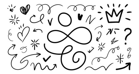 Hand-drawn doodle set with arrows, hearts, checkmarks, and symbols in black ink, ideal for annotation, sketch-style decoration, and creative presentations
