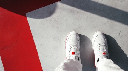 Stylish White Sneakers on a Bold Red and Gray Floor