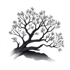 Elegant Black and White Tree Illustration with Detailed Leaves and Branches