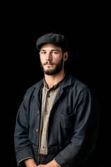 Obraz premium Half Body Portrait Of A Wool Worker Wearing A Woolen Cap And Heavy Shirt, Official Profile Photo Style, Chest-Up, Front Facing