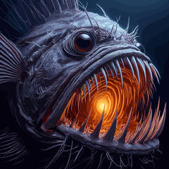 Terrifying deep-sea anglerfish with glowing lure and sharp teeth in a dark underwater environment