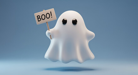 Cute Cartoon Ghost Holding Boo Sign on Blue Background Halloween Season Festive Illustration Concept for Kids Holiday Celebration