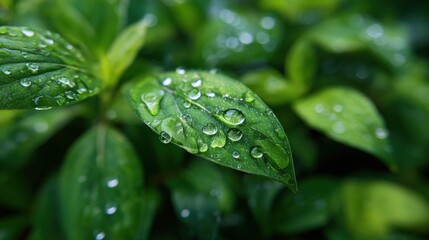 Close-Up of Fresh Green Leaves with Water Droplets Glistening