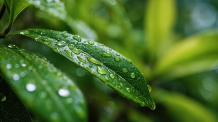 Fresh Green Leaves with Dew Drops After a Rainy Morning