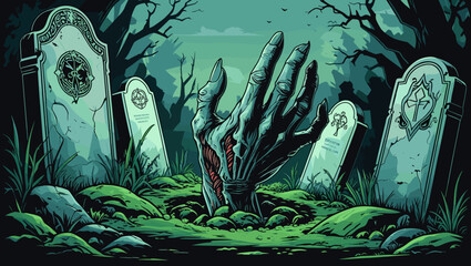 Eerie undead hand emerging from the ground surrounded by gravestones in a dark and creepy cemetery setting