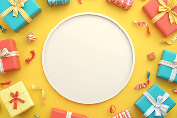 A round, blank cream-colored frame is centered on a vibrant yellow background, surrounded by various colorful gift boxes and party decorations.
