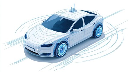 Autonomous car driving on digital road, futuristic city background, technology concept