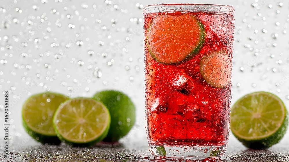 Poster Refreshing ruby-red beverage with lime slices and ice.