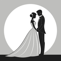 Silhouette couple dressed for a marriage ceremony are holding hands with a white circle background