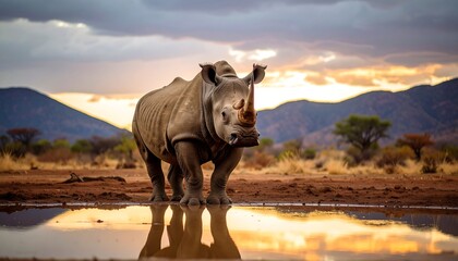 Fototapeta premium White Rhinoceros at Watering Hole at Sunset