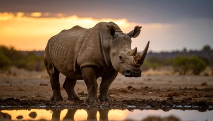 Fototapeta premium White Rhinoceros At Sunset Waterhole