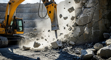 A yellow excavator uses a hydraulic hammer to break down rock in a quarry setting powerfully.