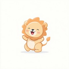 Fototapeta premium Happy cartoon lion cub, playful pose, white background, for children's book illustration