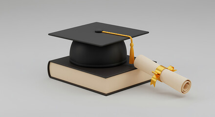Graduation cap on a book with a diploma signifies academic achievement and educational success conceptual 3d illustration