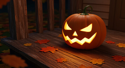 Glowing Jack O Lantern on Wooden Porch with Autumn Leaves Celebrating Halloween Holiday Festive Season Illustration