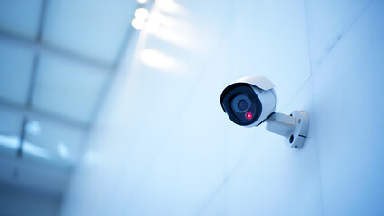 White surveillance camera with red indicator light mounted on a light blue wall security camera cctv