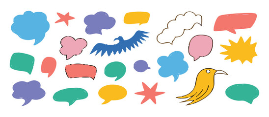 Hand-drawn speech bubbles vector set. Speech balloon, Star, cloud, bird, frames, doodle hand drawn art. Vector illustration.