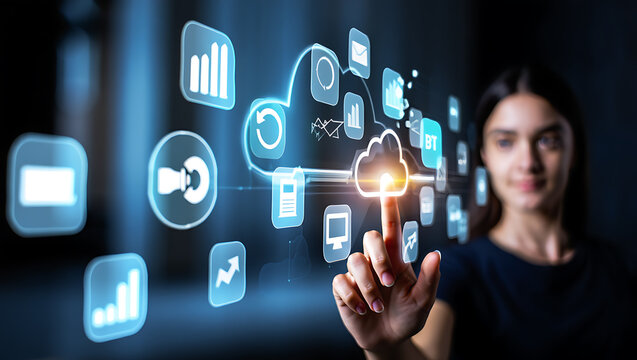 Woman interacting with glowing digital cloud interface technology