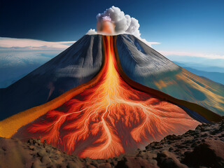 Hungarian-labeled volcano vector showing lava and ash plume
Diagram of volcano with labeled magma chamber and eruption