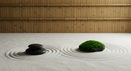 Zen Garden with Stones and Mossy Rock.