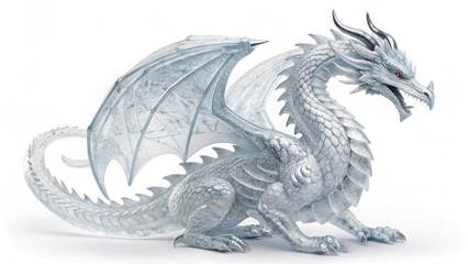 A detailed white dragon figurine with translucent wings on a plain white background in a studio shot