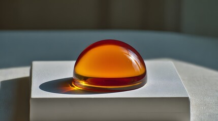 Amber orb on a white pedestal.