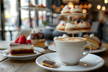 Cappuccino with latte art served with layered cake and assorted gourmet desserts on tiered stand in cozy cafe. Bright, inviting atmosphere perfect for brunch, coffee break, or celebration.
