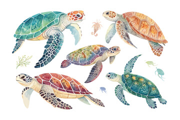 set of watercolor Turtle vector illustration isolated on white background