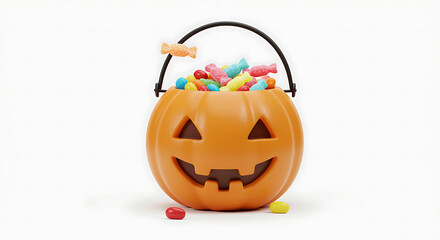 Halloween Pumpkin Bucket Overflowing with Colorful Candy Isolated on White Background Perfect for Spooky Season Celebrations