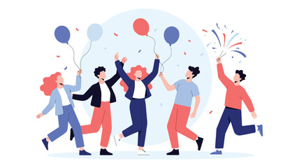 Illustration of five people celebrating with balloons and confetti, symbolizing teamwork, festivity, success, and joyful collaboration