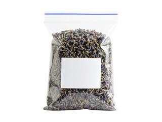 Dried lavender buds in a plastic bag for aromatherapy, spa, beauty products, natural remedies, or herbal illustrations. Elegant simplicity displayed.