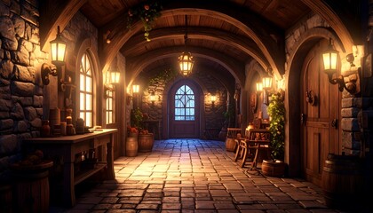 Medieval hallway with arched ceiling