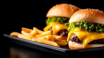 Two cheeseburgers and french fries on a black plate.