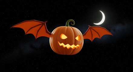 Halloween Pumpkin with Bat Wings Flying in Starry Night with Crescent Moon Spooky Holiday Illustration