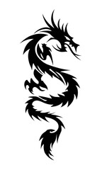 Obraz premium A black and white stylized dragon illustration in a dynamic pose, with intricate curves, fierce expression,