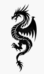 Naklejka premium A stylized black dragon stands on hind legs with raised front limbs, showcasing sharp teeth, detailed scales,