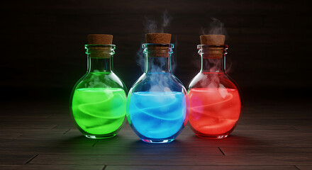 Magical Potions Glowing Green Blue and Red on a Wooden Table Dark Background Fantasy Concept