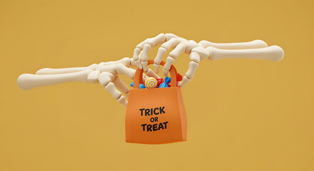 Skeleton Hands Holding a Trick or Treat Bag Filled with Colorful Candies and Treats for Halloween Celebration