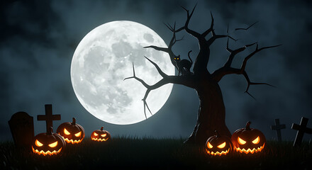 Spooky Halloween Night Scene with Pumpkins Moonlit Graveyard and a Black Cat in a Bare Tree