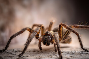 Close-up of a Brown Hairy Tarantula Spider on a Textured Surface