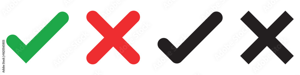 Poster sharp green checkmark and red cross on isolated white background vector symbol for right and wrong c
