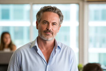 Obraz premium Mature man with grey hair and beard blue shirt office