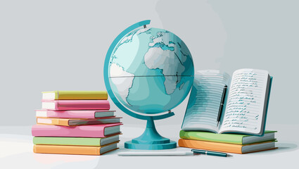 Colorful globe and open notebook surrounded by stacked books on a clean workspace