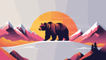 Bold silhouette of a bear walking across a snow-covered landscape with a vibrant sunset and mountain backdrop