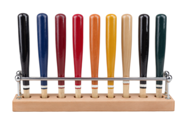 Baseball bat collection display sports equipment indoor close-up. Isolated on transparent background, png.