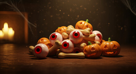 Spooky Halloween Still Life with Jack o Lanterns Bones and Eyeballs on Dark Wooden Table with Candles and Cobwebs
