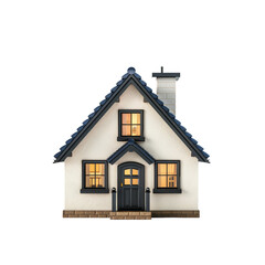 A small, cozy, light-filled house.  Front facade,  light gray/white exterior, dark gray trim, and dark gray roof.  Gabled roof, windows, and front door.  Soft interior light shines through windows