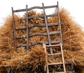 Loose straw on an old wooden cart.