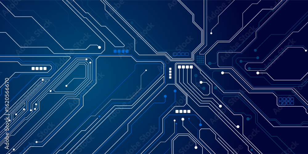 Fototapete thin circuit trace lines in blue on a dark technology background. abstract digital tech bg. electron